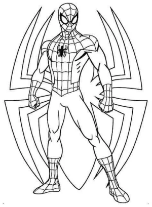 spiderman posando con el logo de spiderman de fondo