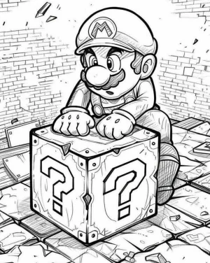 mario bros tratando de abrir una caja misteriosa dibujo para colorear