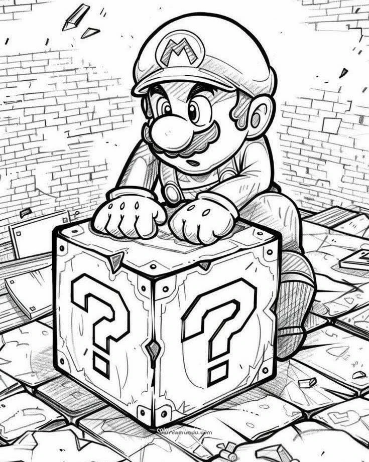 Dibujo para colorear: mario bros tratando de abrir una caja misteriosa dibujo para colorear